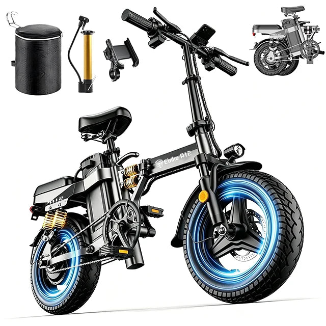 A12 48V15Ah US Fast Shipping DTTZH Electric Foldable Bicycle Ebike E-bike 1000W Peak 14"FatTire EBike Removable Lithium Battery - MERGE.DAY.1.FREESTYLE