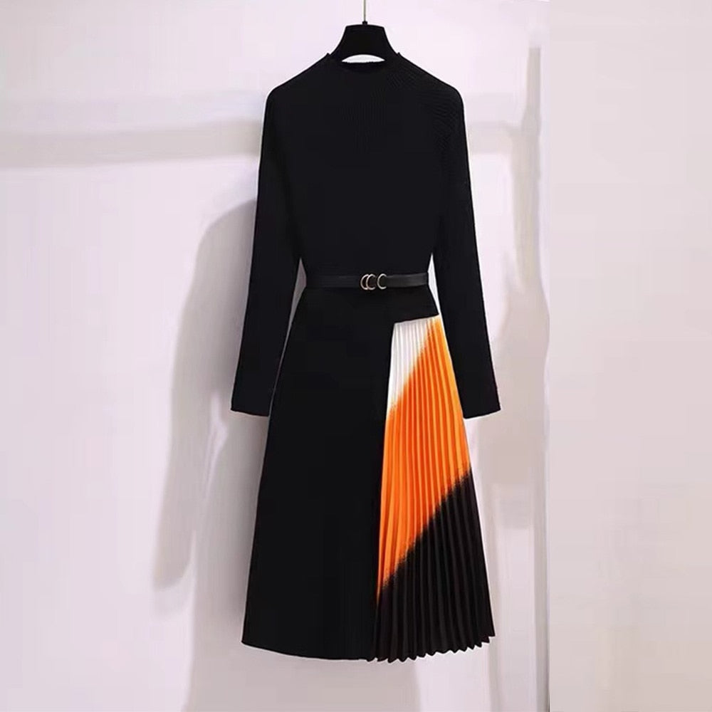 Knitted Patchwork Gradient Print Pleated Dress Long Sleeve Office One-Piece Sweater Dress With Belt - MERGE.DAY.1.FREESTYLE