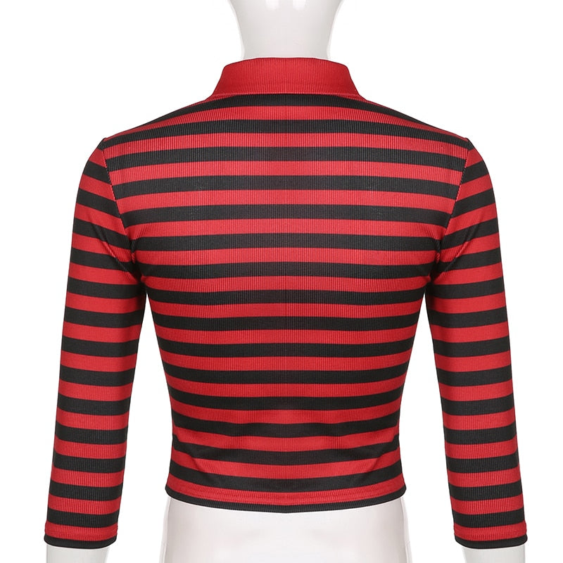 Goth Print Tops Stripe Cute T-Shirts Dark Academia Techwear Button Up V Neck Half Sleeve Sweat Shirts - MERGE.DAY.1.FREESTYLE