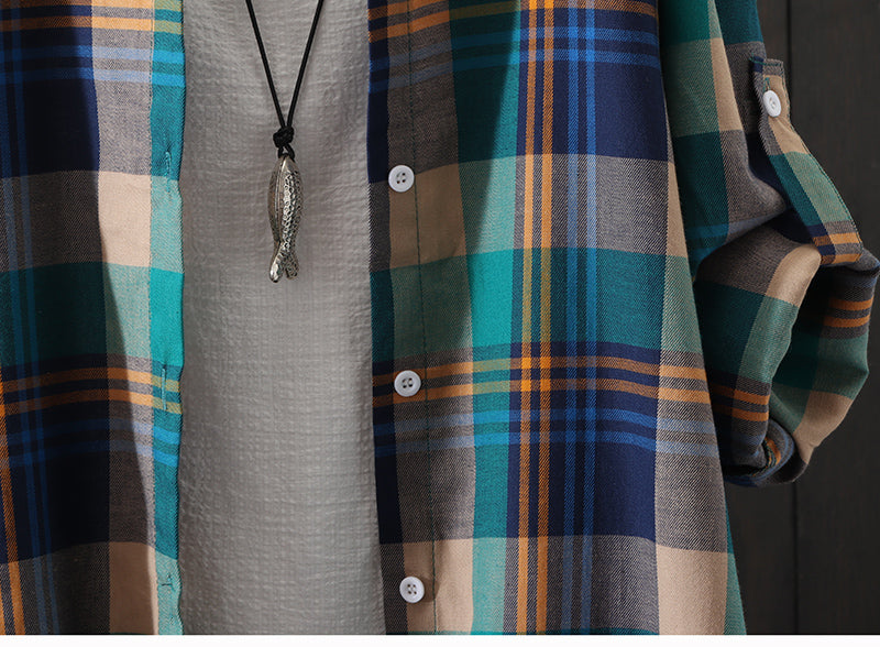 100% Cotton Plaid Shirt Long Sleeve Button Up Casua Loose Blouse Plus Size - MERGE.DAY.1.FREESTYLE