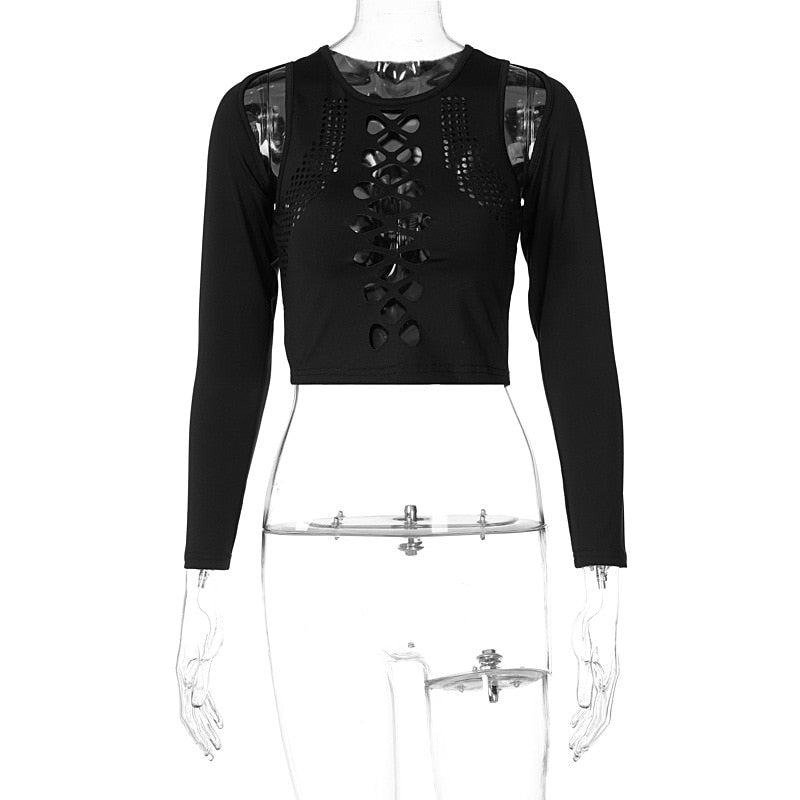 Long Sleeves Solid Hollow Out Bandage Sexy Tube Crop Top Summer Autumn Women - MERGE.DAY.1.FREESTYLE
