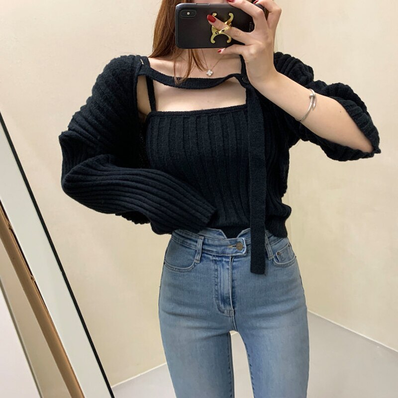 Camisole Knitted Cardigans Women Two Piece Sets 2021 Autumn Sweater Jacket Woman - MERGE.DAY.1.FREESTYLE