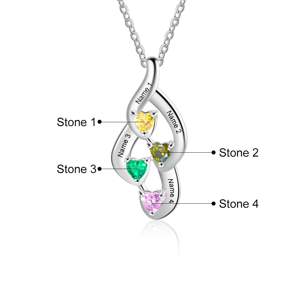925 Sterling Silver Mother Necklace with 4 Custom Birthstones Name Heart Necklaces - MERGE.DAY.1.FREESTYLE
