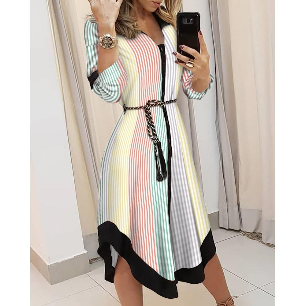 Spring Summer Lady Cover Up Women's Shirt Dress Wave Print Long Sleeve V-Neck Casual Dress Plus Size - MERGE.DAY.1.FREESTYLE