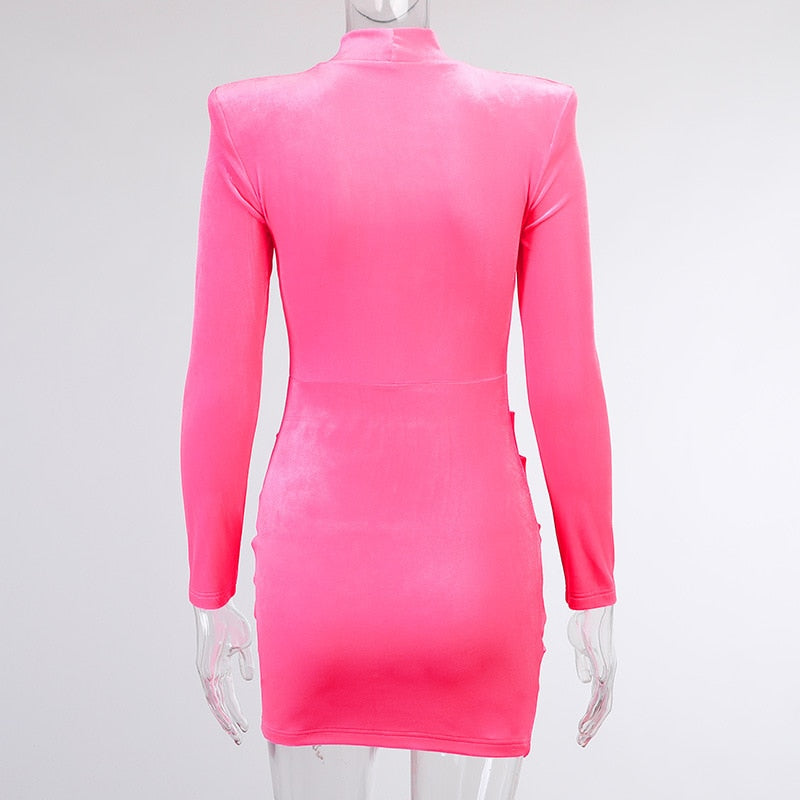 Velvet Women High Neck Long Sleeve Mini Dress Ruched Hollow Out Shoulder Pad Bodycon - MERGE.DAY.1.FREESTYLE