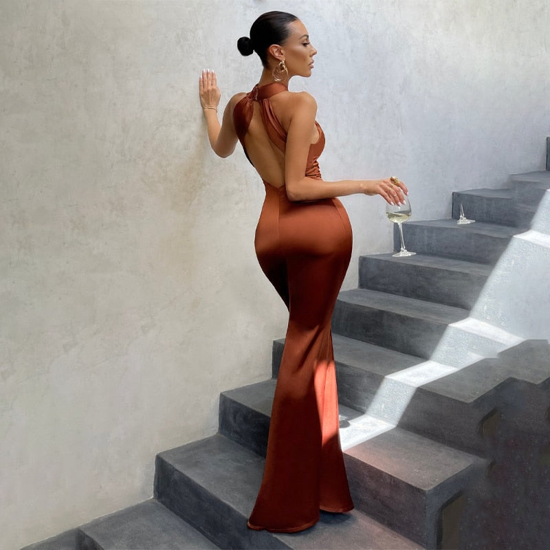 Solid Satin Halter Sleeveless Slim Bodycon Maxi Dress - MERGE.DAY.1.FREESTYLE