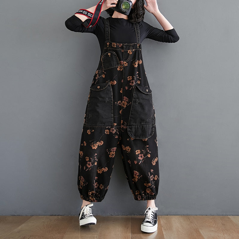 Loose Jeans Black Jumpsuit Casual Ladies Big Pockets Print Floral Denim Overalls Straps Rompers - MERGE.DAY.1.FREESTYLE