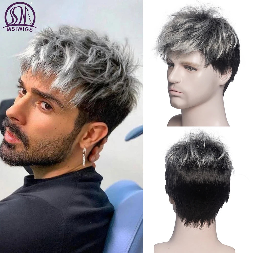 MSIWIGS Men Short Straight Wig Ombre Grey Brown Synthetic Wig White for Male Hair Fleeciness Realistic Natural Headgear - MERGE.DAY.1.FREESTYLE
