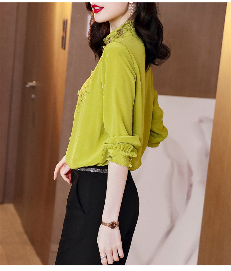 Embroidery Hollow Blouse Women Long Sleeve Imitation Silk Top Loose Vintage Shirt Plus Size - MERGE.DAY.1.FREESTYLE