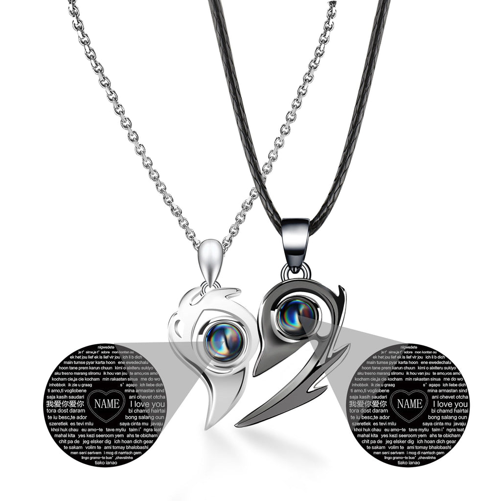 One Pair Magnetic Flame Heart Shaped Custom 100 languages Name Projection Couples Necklaces - MERGE.DAY.1.FREESTYLE
