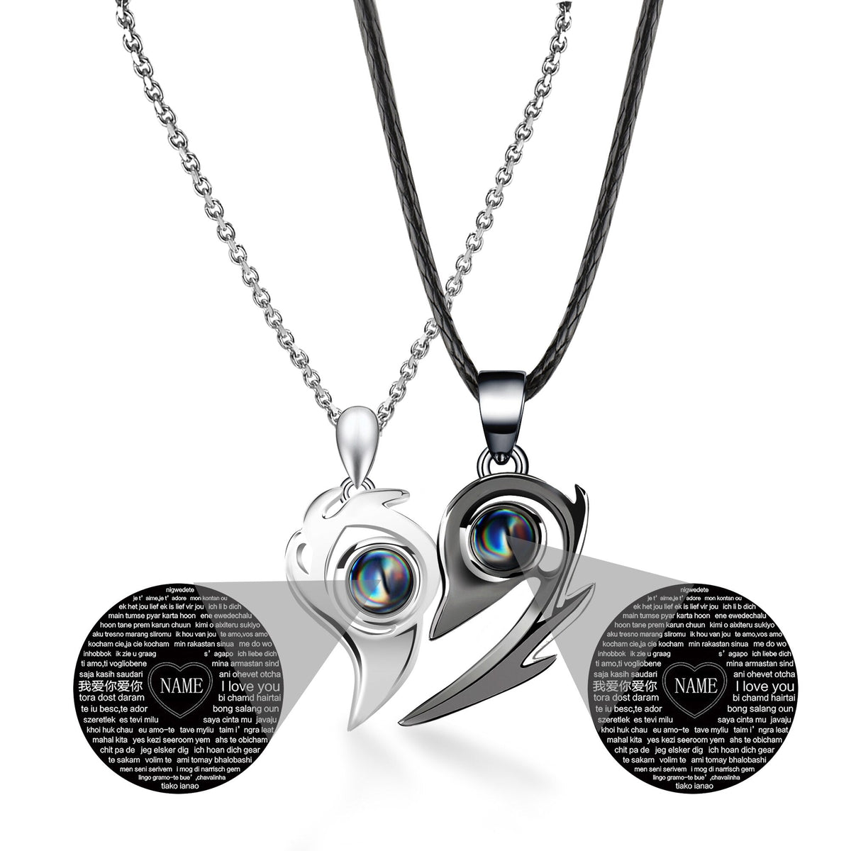 One Pair Magnetic Flame Heart Shaped Custom 100 languages Name Projection Couples Necklaces - MERGE.DAY.1.FREESTYLE