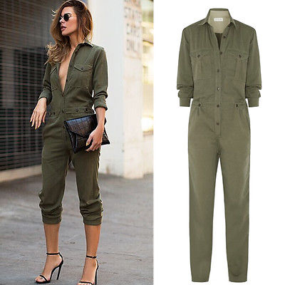 Vintage Romper Long Pants Women Slim Bodycon Long Sleeve Army Green Solid Jumpsuit - MERGE.DAY.1.FREESTYLE