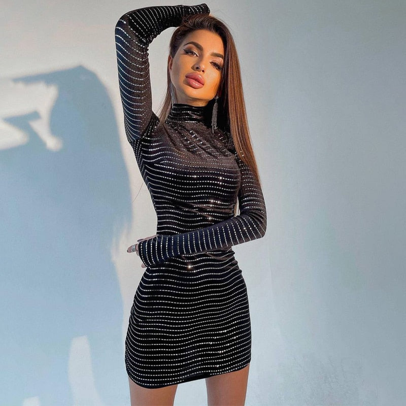 Sequins Long Sleeve Turtleneck Bodycon Slim Sexy Mini Dress Party Club Y2K - MERGE.DAY.1.FREESTYLE
