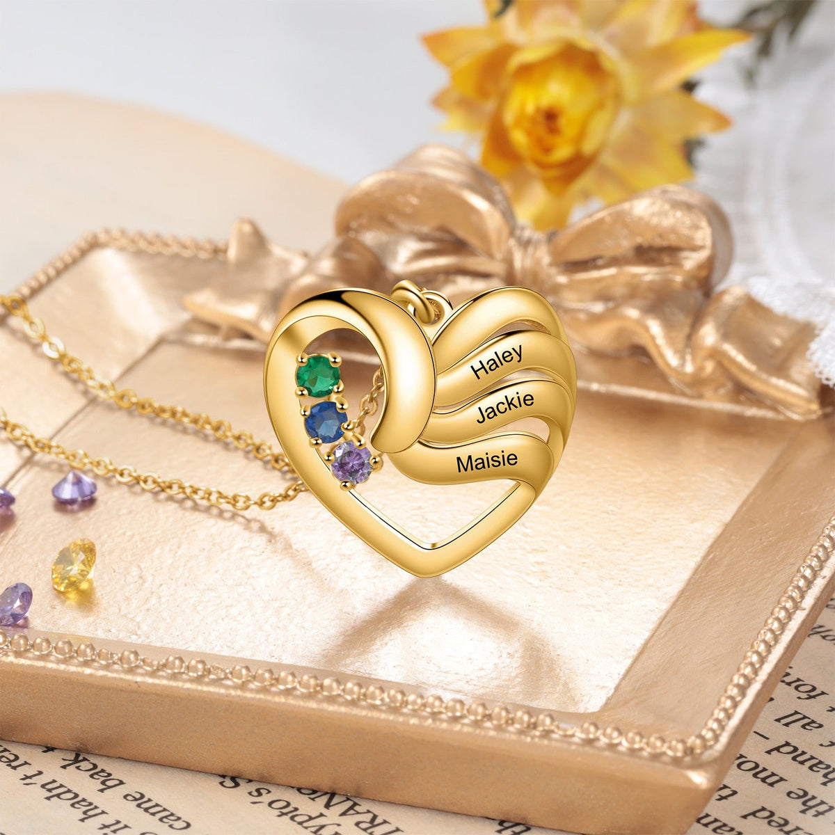 2-5 Names Customized Birthstone Fashion Memorial Heart Necklace - MERGE.DAY.1.FREESTYLE