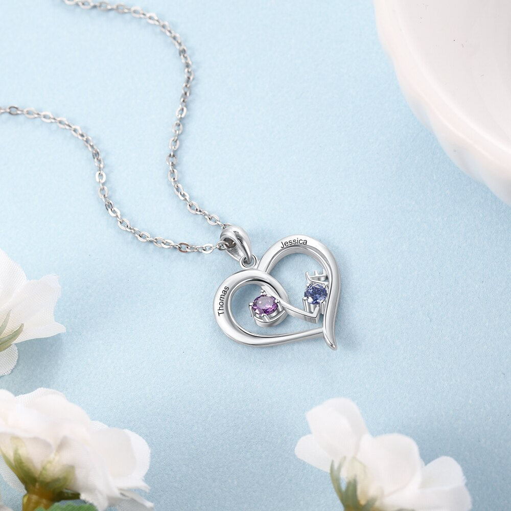 Personalized Heart Necklace with Birthstone Custom Name Engraved Pendant - MERGE.DAY.1.FREESTYLE