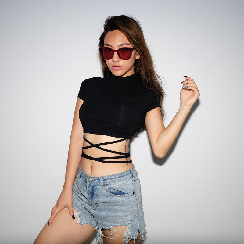 Summer Women Black Short T-Shirts Sexy Crop Tops Short Sleeve Bandage Tee Tops Female Shirts - MERGE.DAY.1.FREESTYLE