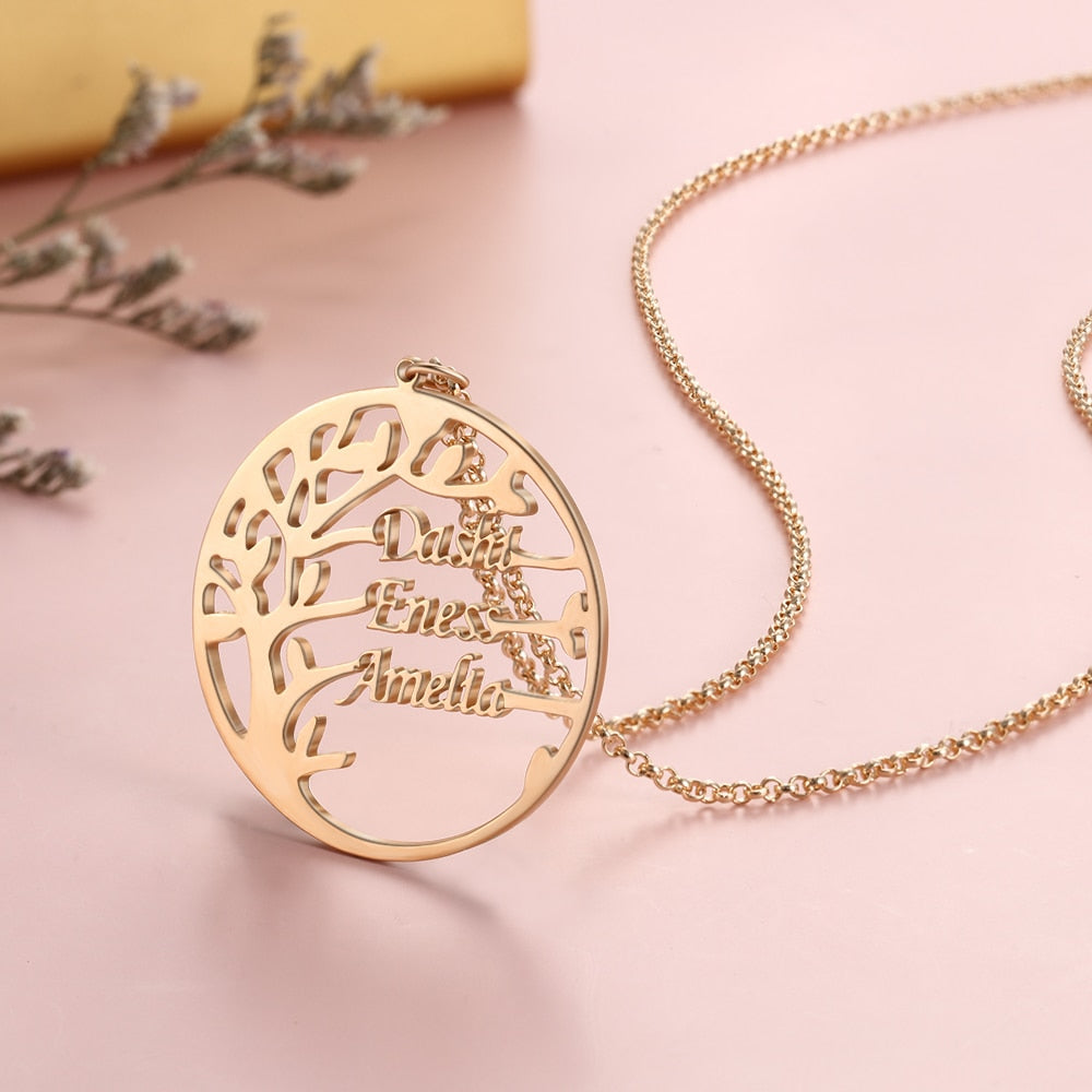 Family Tree Necklace Customized Nameplate with 3 Names Round Tree of Life Pendant - MERGE.DAY.1.FREESTYLE