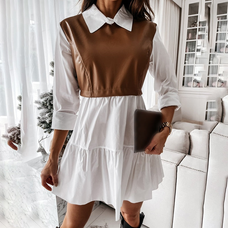 Long Sleeve Mini Shirt Dress For Women White 2022 Spring PU Leather Patchwork Plaid Dresses - MERGE.DAY.1.FREESTYLE