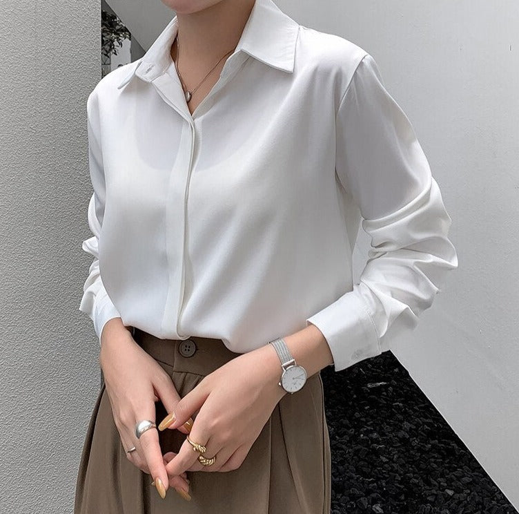 Spring Loose Women Satin Blouses Long Sleeve Single-breasted Female Shirts Top - MERGE.DAY.1.FREESTYLE