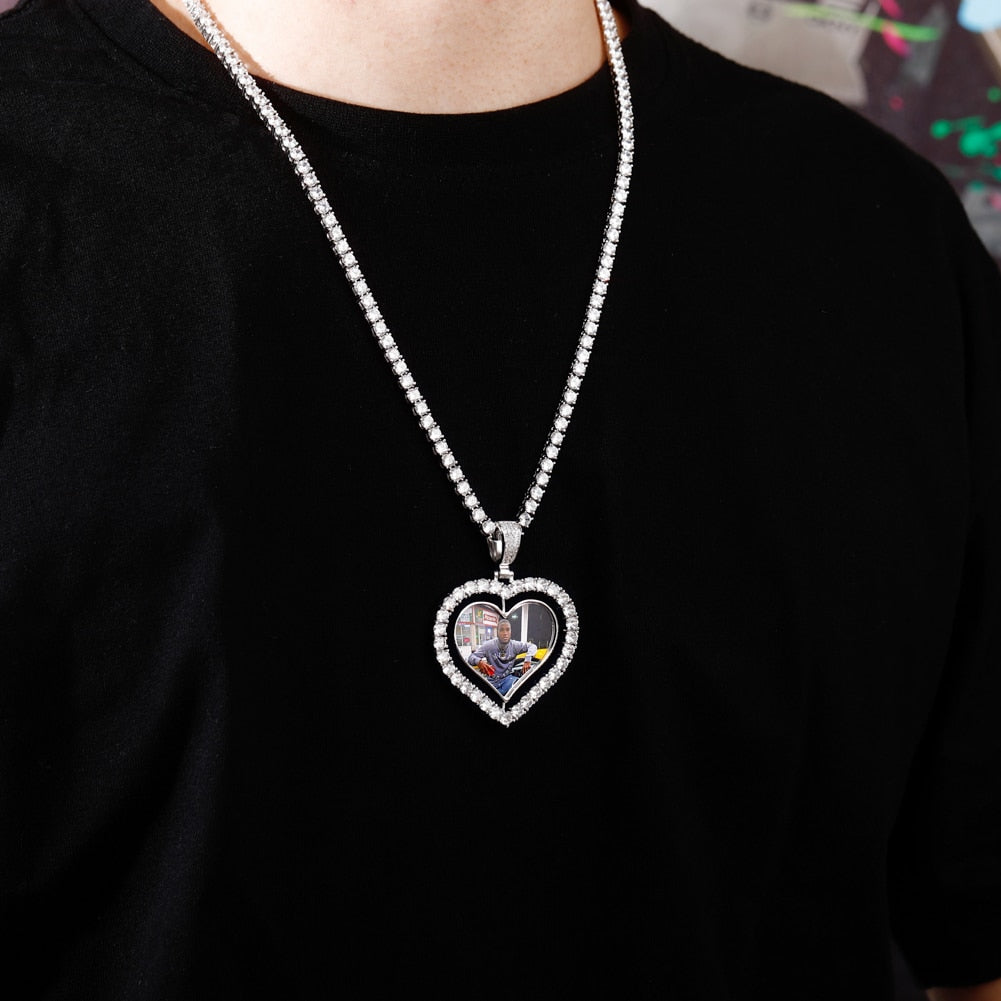 Heart Shaped Custom Photo Spin Double Sided Medallion Pendant Necklace Hip Hop Jewelry - MERGE.DAY.1.FREESTYLE
