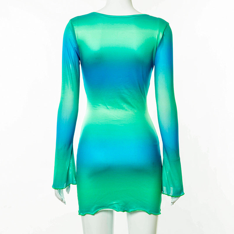 Sexy Tie Dye Bodycon Mini Dress Women Hollow Out Long Sleeve Mesh Skinny Summer 2022 - MERGE.DAY.1.FREESTYLE