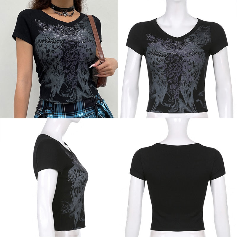 Grunge Tshirts Fairycore Harajuku Graphic Print Gray Cute Casual Tshirts Streetwear Tops - MERGE.DAY.1.FREESTYLE