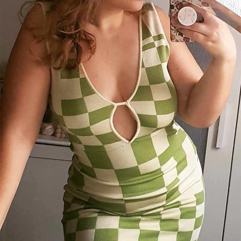 Knitted Sexy Bodycon Summer Women Dresses Backless Plaid Print Spaghetti Strap Hollow Out Vestidos - MERGE.DAY.1.FREESTYLE