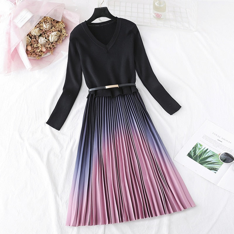 Knitted Patchwork Gradient Print Pleated Dress Long Sleeve Office One-Piece Sweater Dress With Belt - MERGE.DAY.1.FREESTYLE