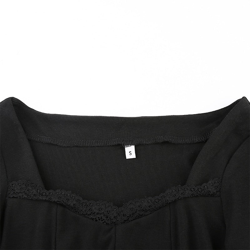 Square Neck Lace Patchwork Bodycon Black Dress Women Cotton Side Split Autumn Dress - MERGE.DAY.1.FREESTYLE