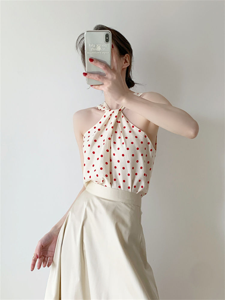 Backless Camis Women Summer Polka Dot Twist Halterneck Vest Female Casual Chiffon Tops - MERGE.DAY.1.FREESTYLE