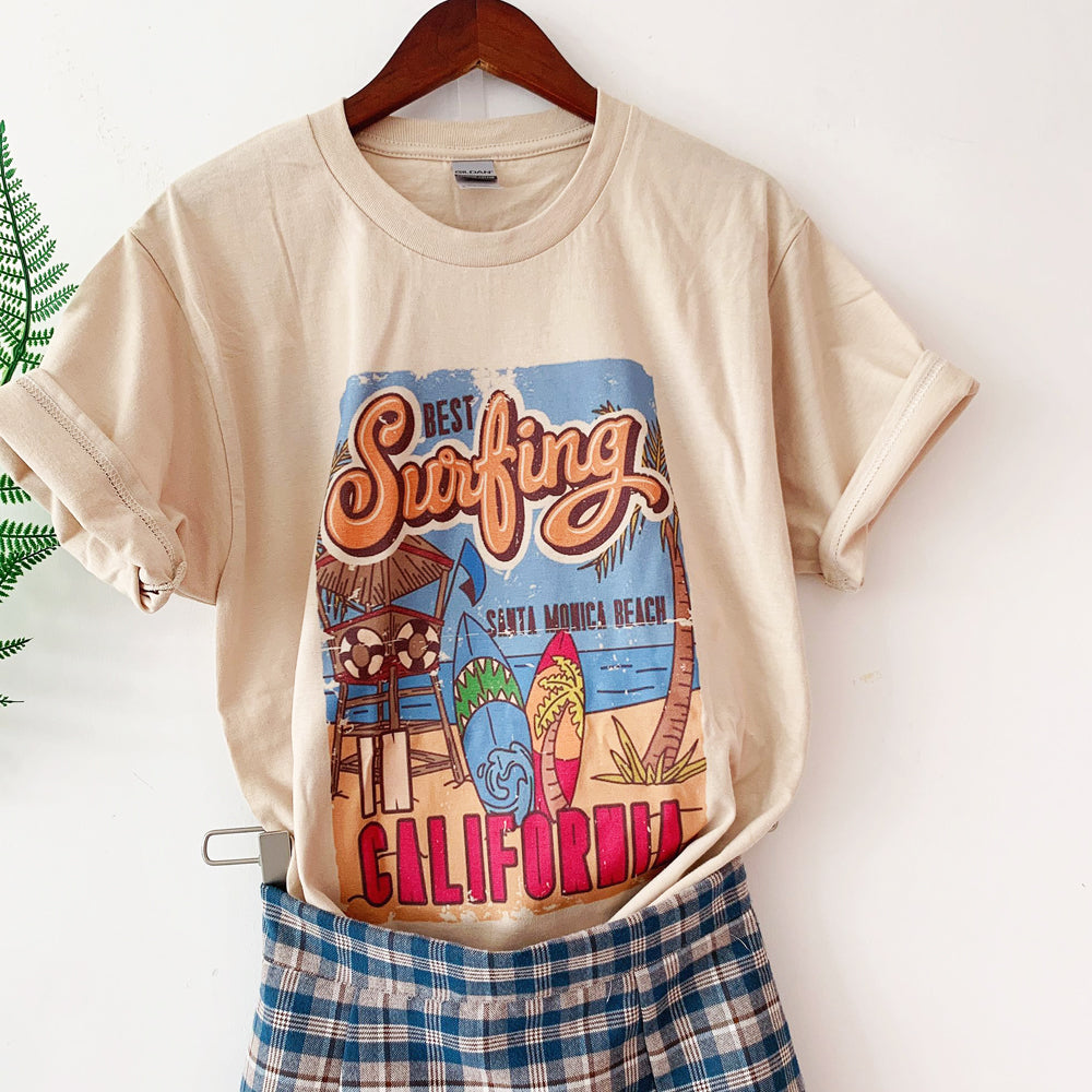 1pcs WHITE Tees Summer Casual Oversized Tee Best Surfing Santa Monica California Womens Retro Style - MERGE.DAY.1.FREESTYLE