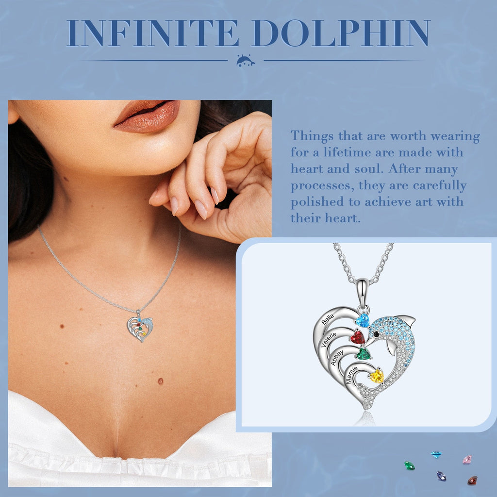 Delicate Dolphin 2-8 Name Necklace Customized Heart Pendant - MERGE.DAY.1.FREESTYLE