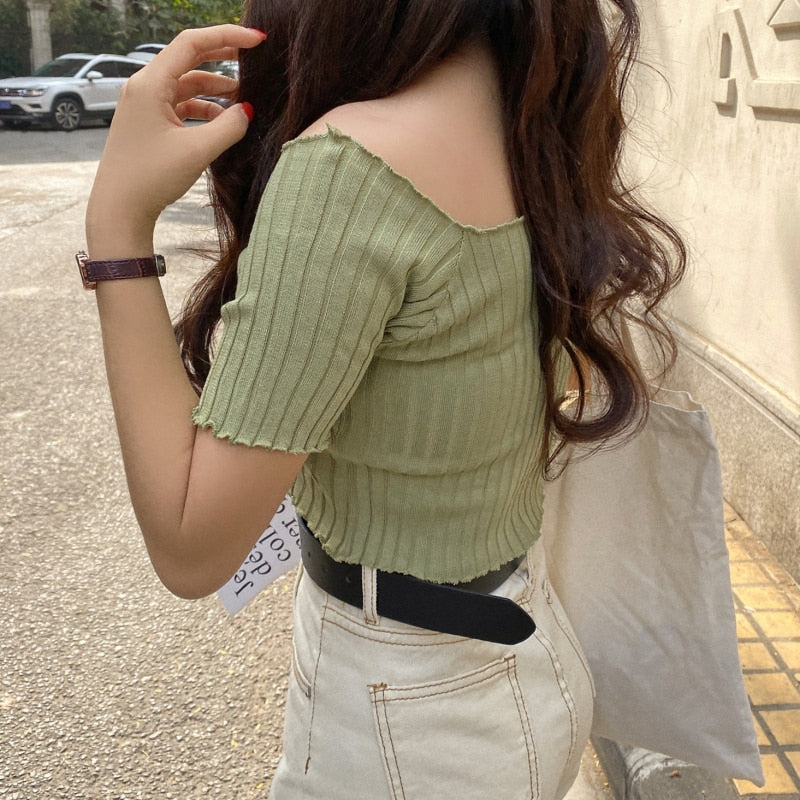 Women Off Shoulder T-shirts Knitted Ruffles Hem Crop Tops Short Sleeve T-shirts - MERGE.DAY.1.FREESTYLE