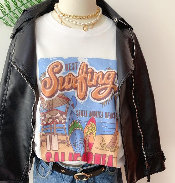 1pcs WHITE Tees Summer Casual Oversized Tee Best Surfing Santa Monica California Womens Retro Style - MERGE.DAY.1.FREESTYLE