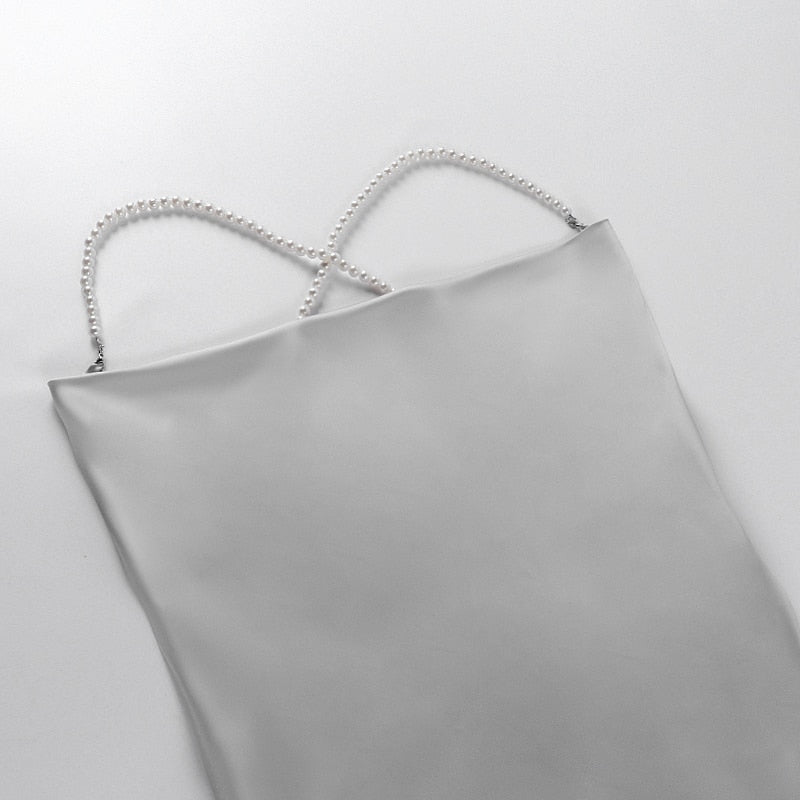 Silk Strap Mini Dresses Backless Solid Color Criss Front Pearl Sexy Summer Sexy Party - MERGE.DAY.1.FREESTYLE