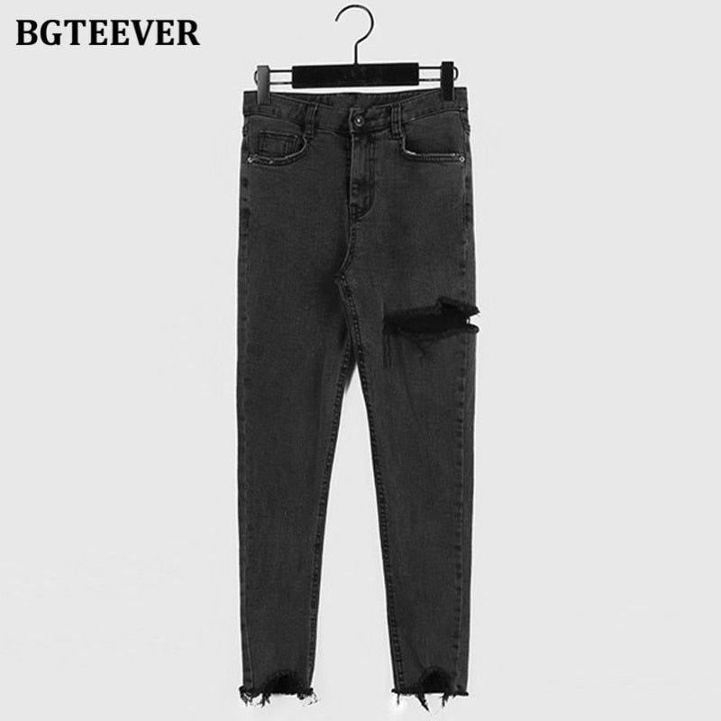 Irregular Ripped Holes Women Pencil Denim Jeans Stylish High Waist Stretched - MERGE.DAY.1.FREESTYLE