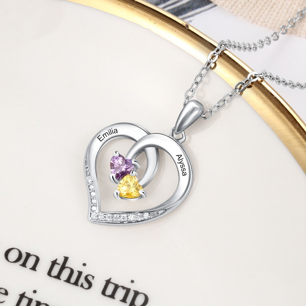 Personalized Heart Necklace with 2 Birthstones Engraved Name Couple Necklace - MERGE.DAY.1.FREESTYLE