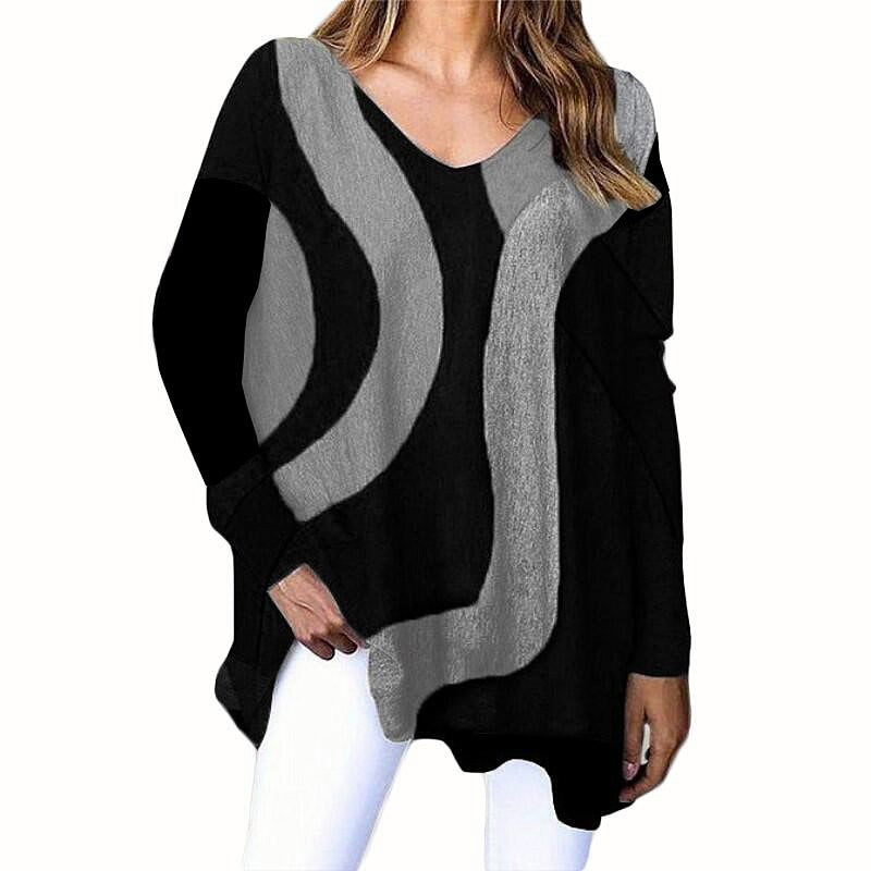 Striped Long Sleeve Printed T-Shirt Fashion V-Neck Streetwear Ladies Large Size Casual Top - MERGE.DAY.1.FREESTYLE