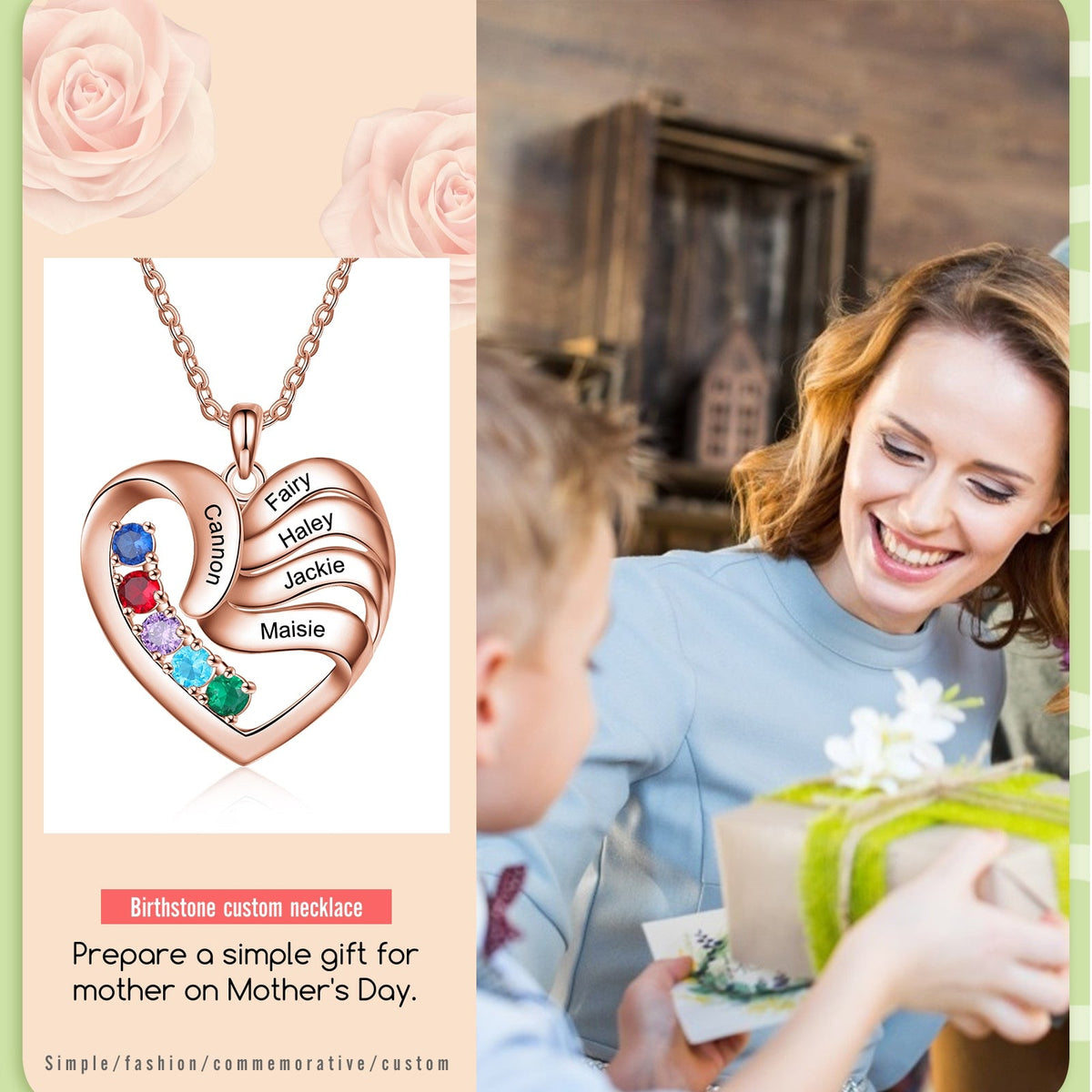 2-5 Names Customized Birthstone Fashion Memorial Heart Necklace - MERGE.DAY.1.FREESTYLE