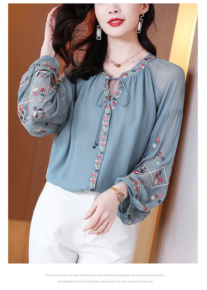 Chiffon Embroidery Blouse Long Lantern Sleeve Loose Top Casual Wear Oversize Casual Wear - MERGE.DAY.1.FREESTYLE