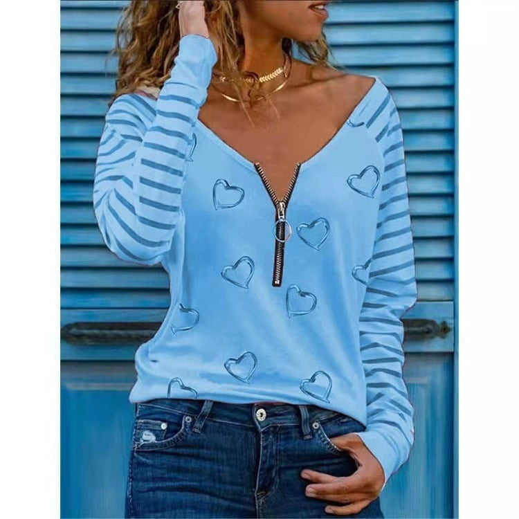 Love Printing T-shirt Sexy V-neck Zipper Neck Long-sleeved T-shirt Casual Loose Pullover Top - MERGE.DAY.1.FREESTYLE