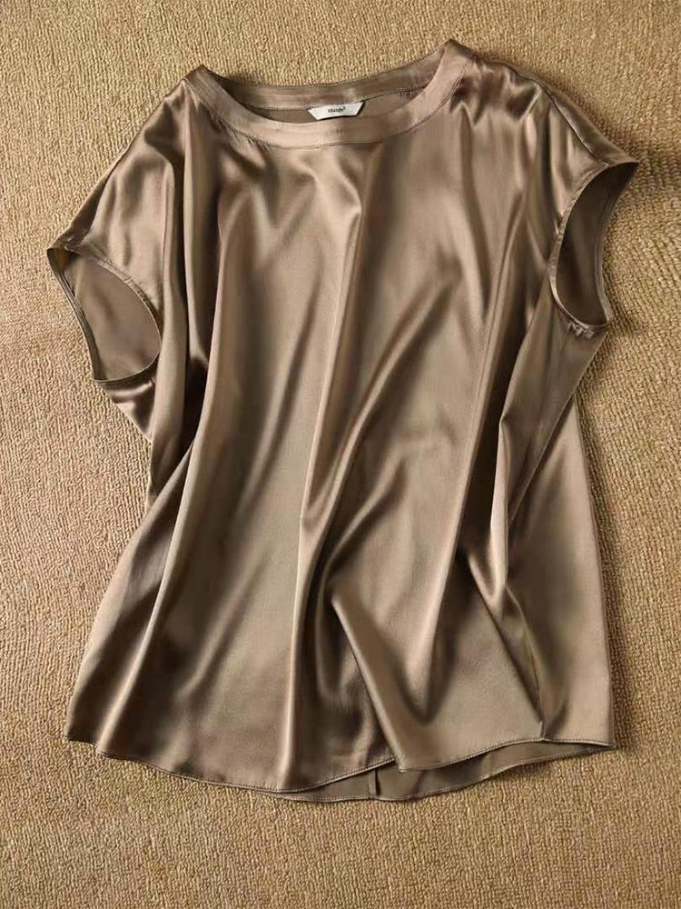 Silk Thin Short Sleeve Tees Style Slip Woman Summer Clothes Brown Tops Solid Loose Casual - MERGE.DAY.1.FREESTYLE