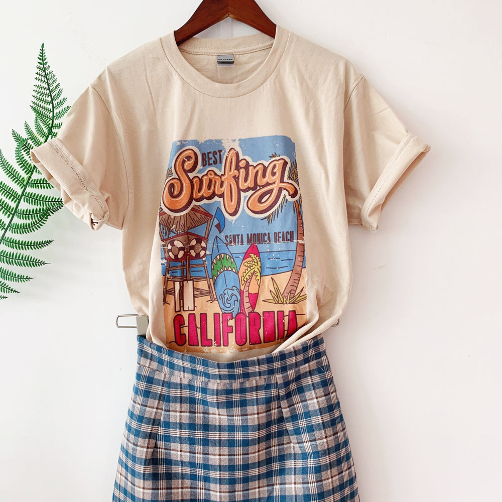 1pcs WHITE Tees Summer Casual Oversized Tee Best Surfing Santa Monica California Womens Retro Style - MERGE.DAY.1.FREESTYLE