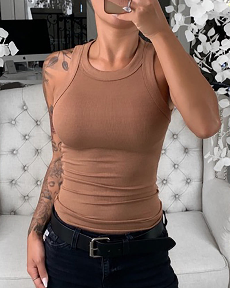 Women Solid Round Neck Ribbed Tank Top Camisole Women Summer Basic Elastic Tank Top - MERGE.DAY.1.FREESTYLE