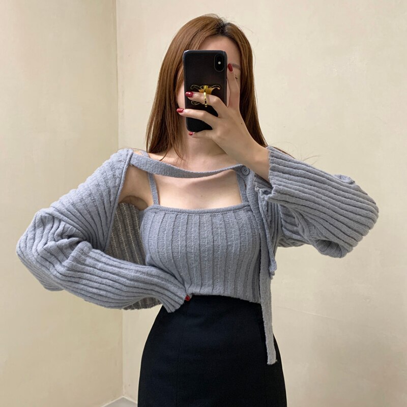 Camisole Knitted Cardigans Women Two Piece Sets 2021 Autumn Sweater Jacket Woman - MERGE.DAY.1.FREESTYLE