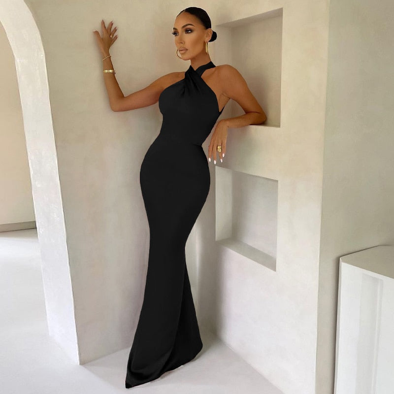 Solid Satin Halter Sleeveless Slim Bodycon Maxi Dress - MERGE.DAY.1.FREESTYLE