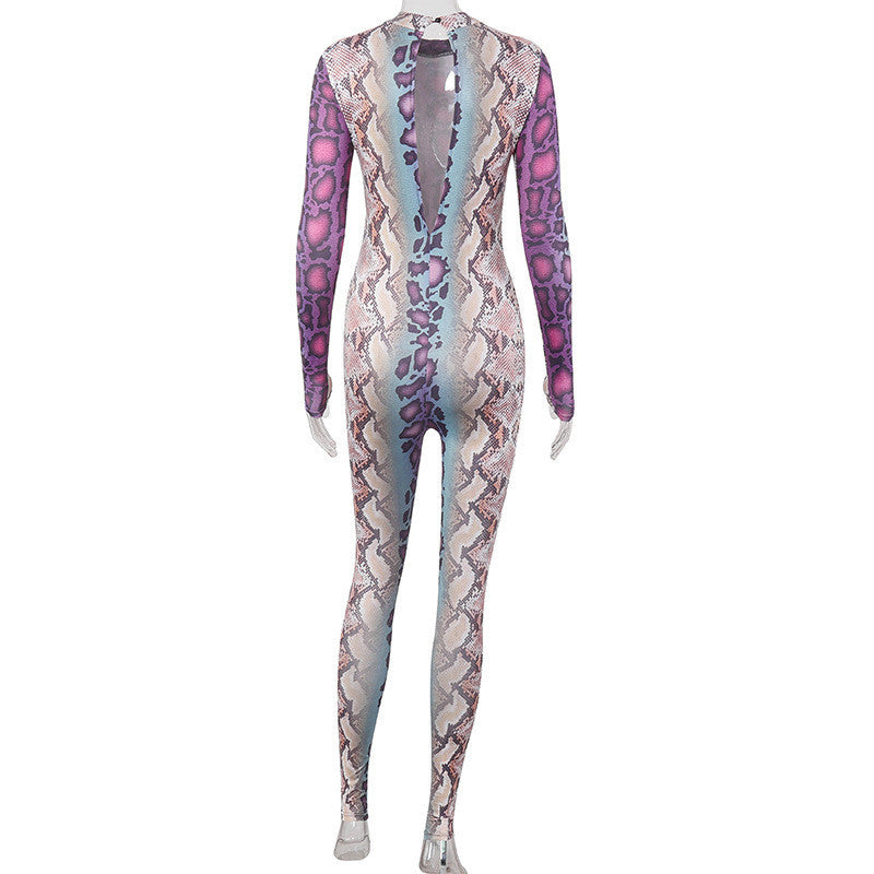 Sexy Women Jumpsuit Serpentine Print O-neck Long Sleeve Jumpsuit Backless Bodycon Jumpsuit - MERGE.DAY.1.FREESTYLE