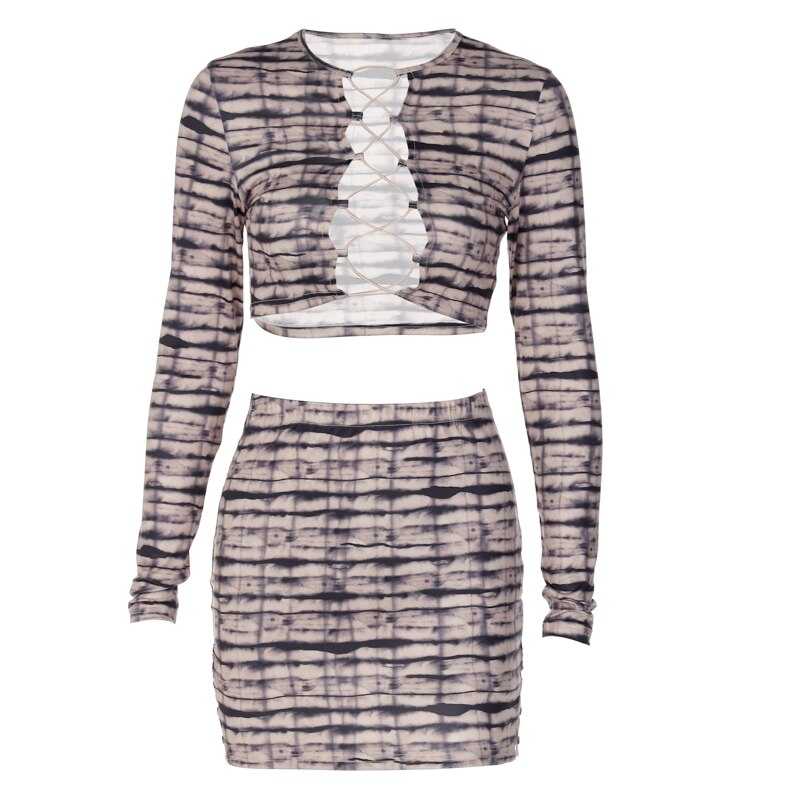 Print Satin Long Sleeve Bandage Crop Top Mini Dress 2 Pieces Set - MERGE.DAY.1.FREESTYLE