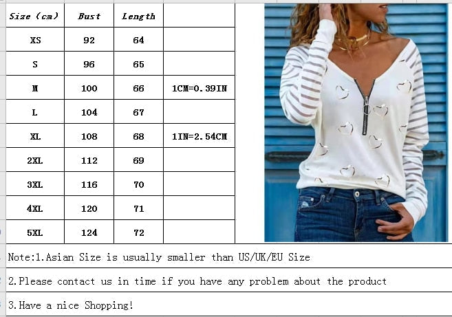 Love Printing T-shirt Sexy V-neck Zipper Neck Long-sleeved T-shirt Casual Loose Pullover Top - MERGE.DAY.1.FREESTYLE