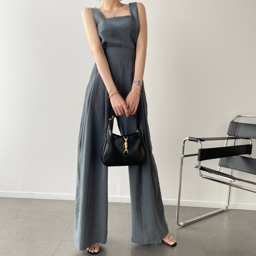 Office Ladies 2-Piece Women Square Neck Loose Vest Top + High Waist Pleated Wide Leg Pants - MERGE.DAY.1.FREESTYLE